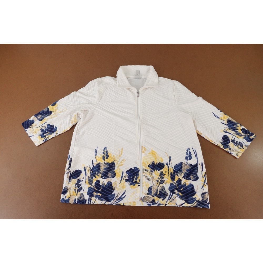 Weekends Chico's Women's Size Large White Floral Long Sleeve Full Zip Jacket NWT